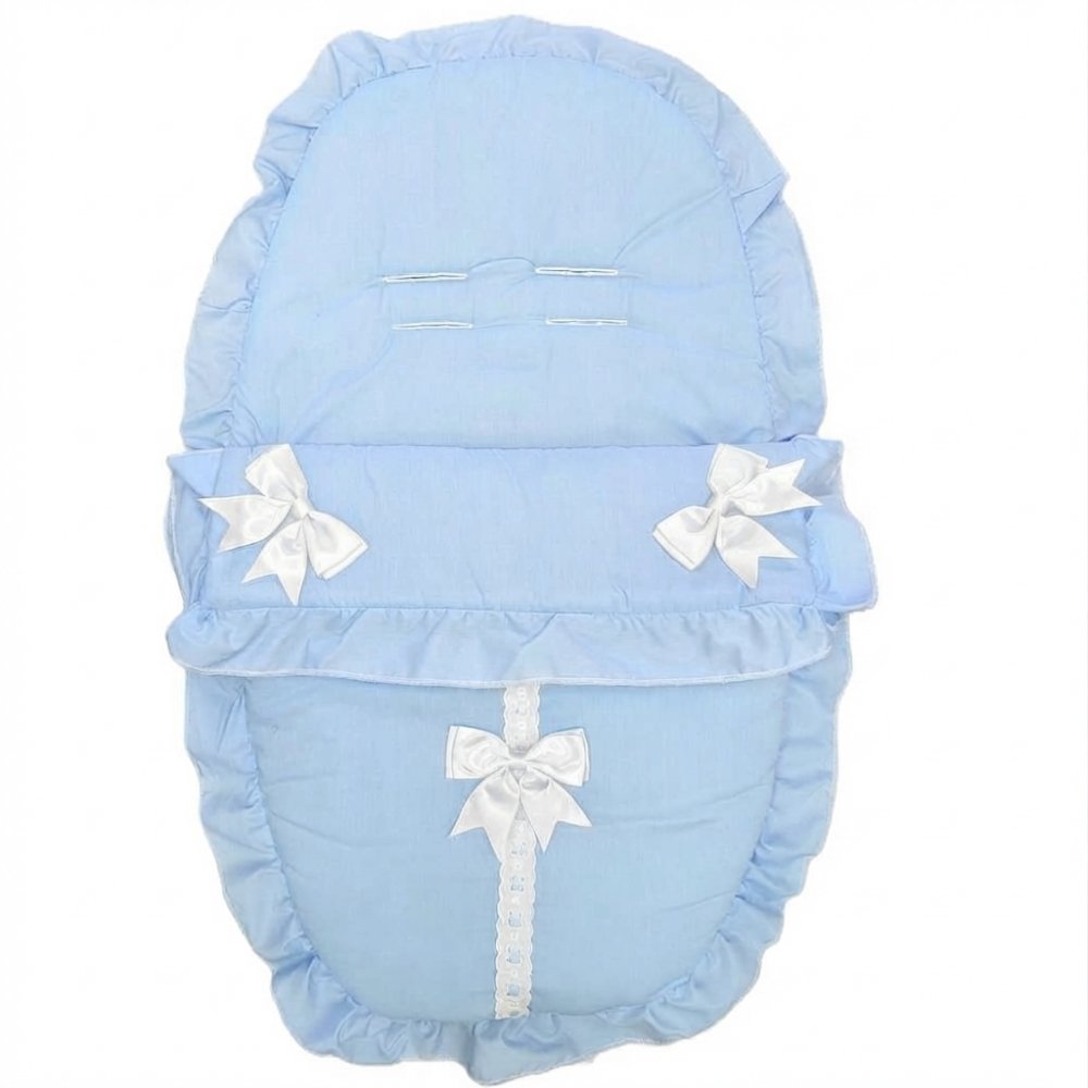 Plain Sky/ White Car Seat Footmuff/Cosytoes With Large Bows & Lace Plain Sky/ White Car Seat Footmuff/Cosytoes With Large Bows & Lace